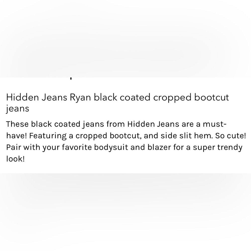 HIDDEN JEANS RYAN BLACK COATED CROPPED BOOTCUT JEANS WITH SIDE SLITS SIZE 25 - Picture 13 of 14